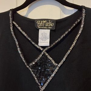 Bob Mackie‎ Wearable Art Adorned Sequin Front Pullover Black Sweater, Size L